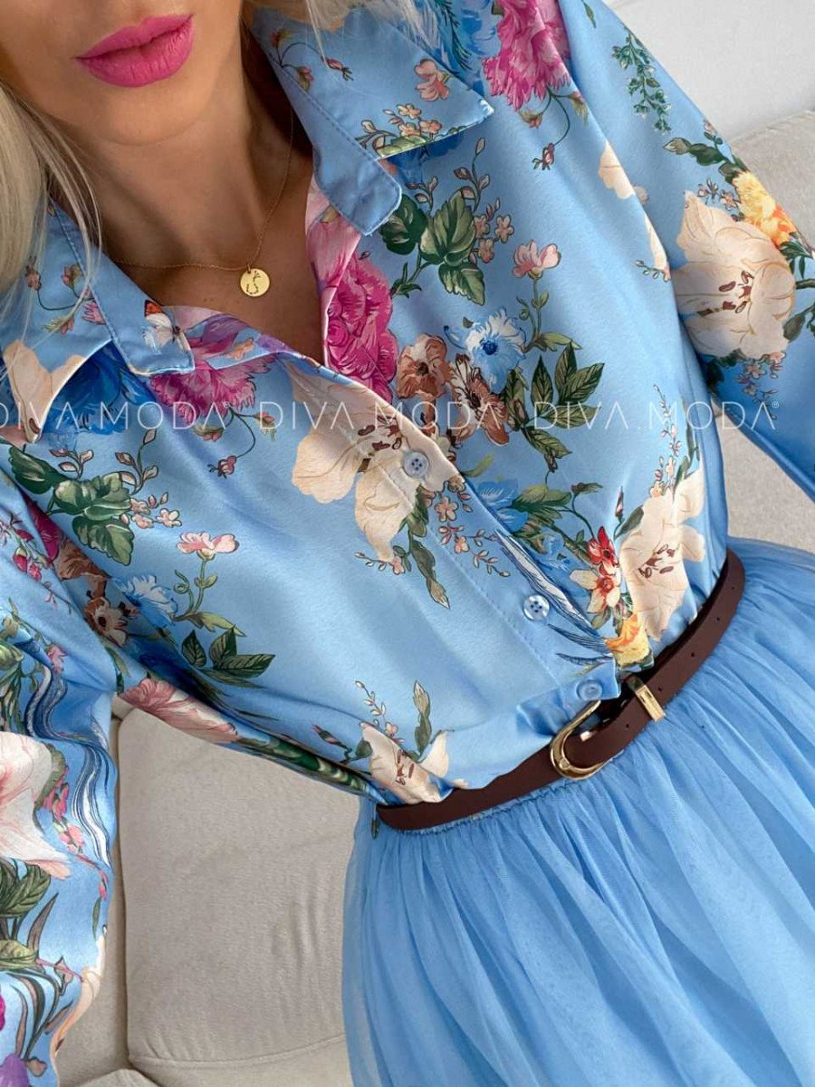 Saténové kvetované šaty s tylom baby blue X 254