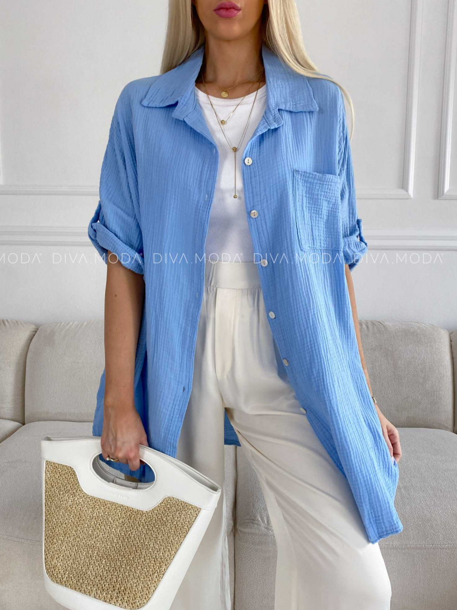 Oversize bavlnená mušelínová košeľa baby blue M 269