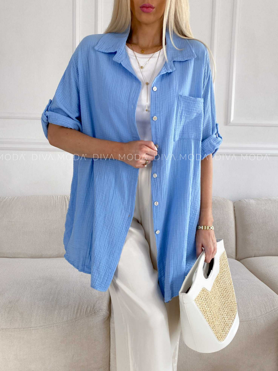 Oversize bavlnená mušelínová košeľa baby blue M 269
