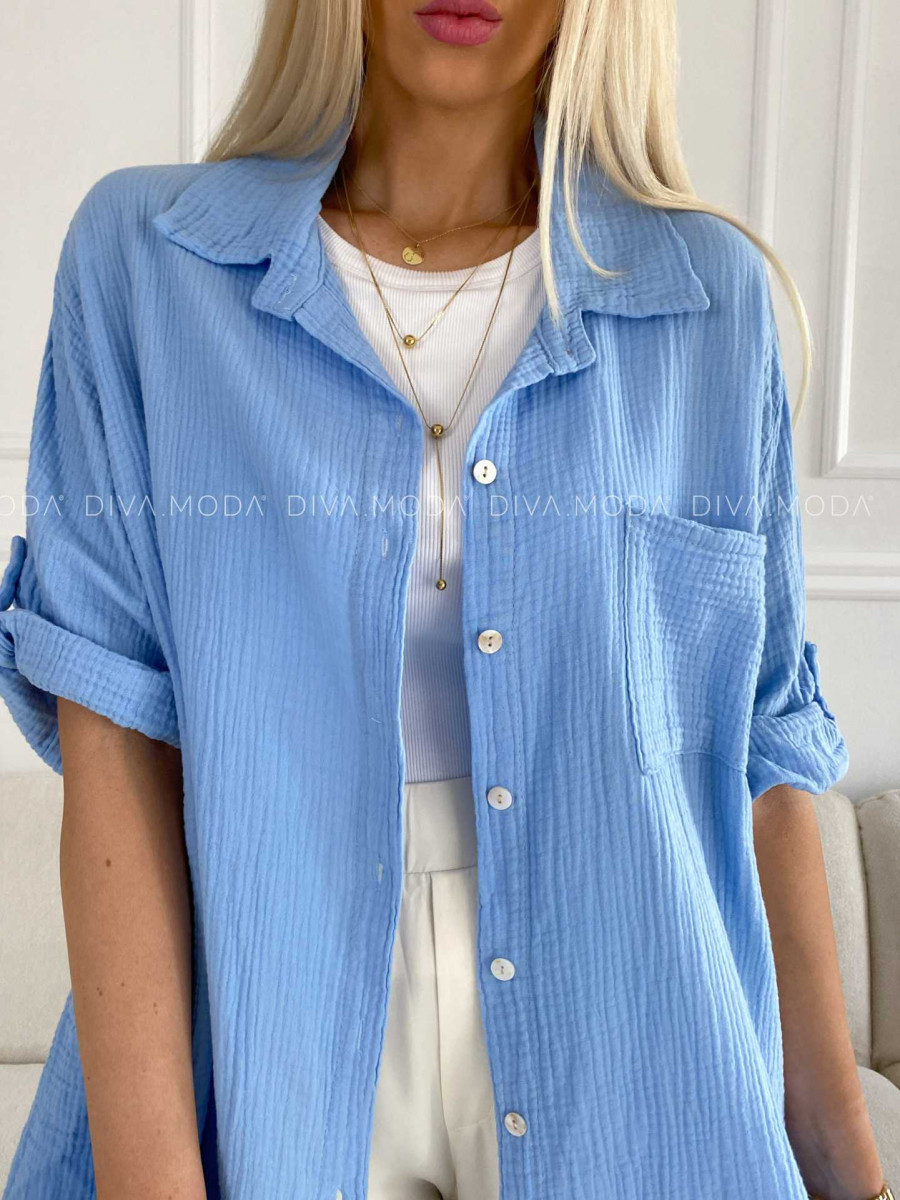 Oversize bavlnená mušelínová košeľa baby blue M 269