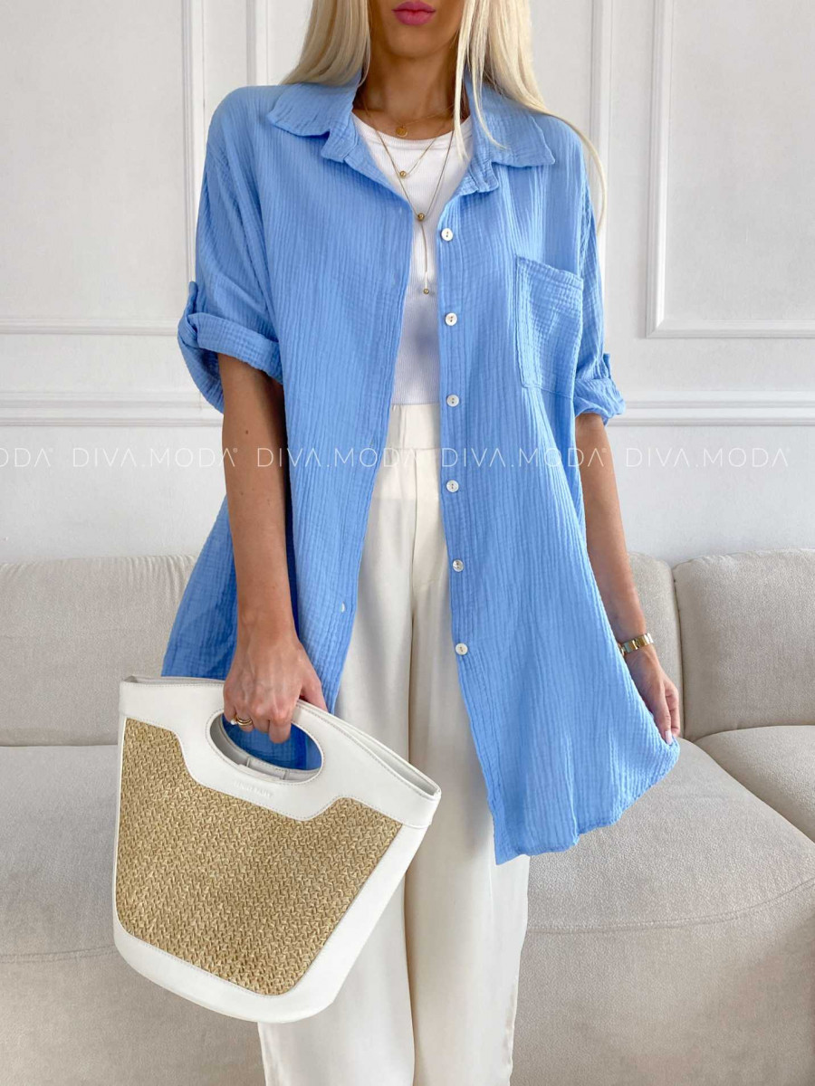 Oversize bavlnená mušelínová košeľa baby blue M 269