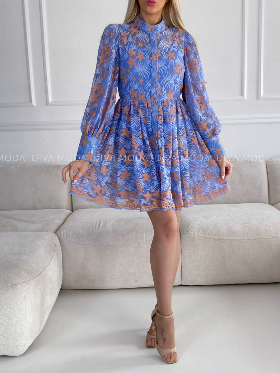 Elegantné krajkované šaty kvetované modré / orange M 238