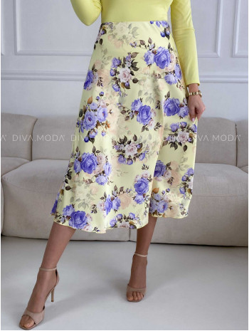 Saténová kvetovaná midi sukňa žltá M 286