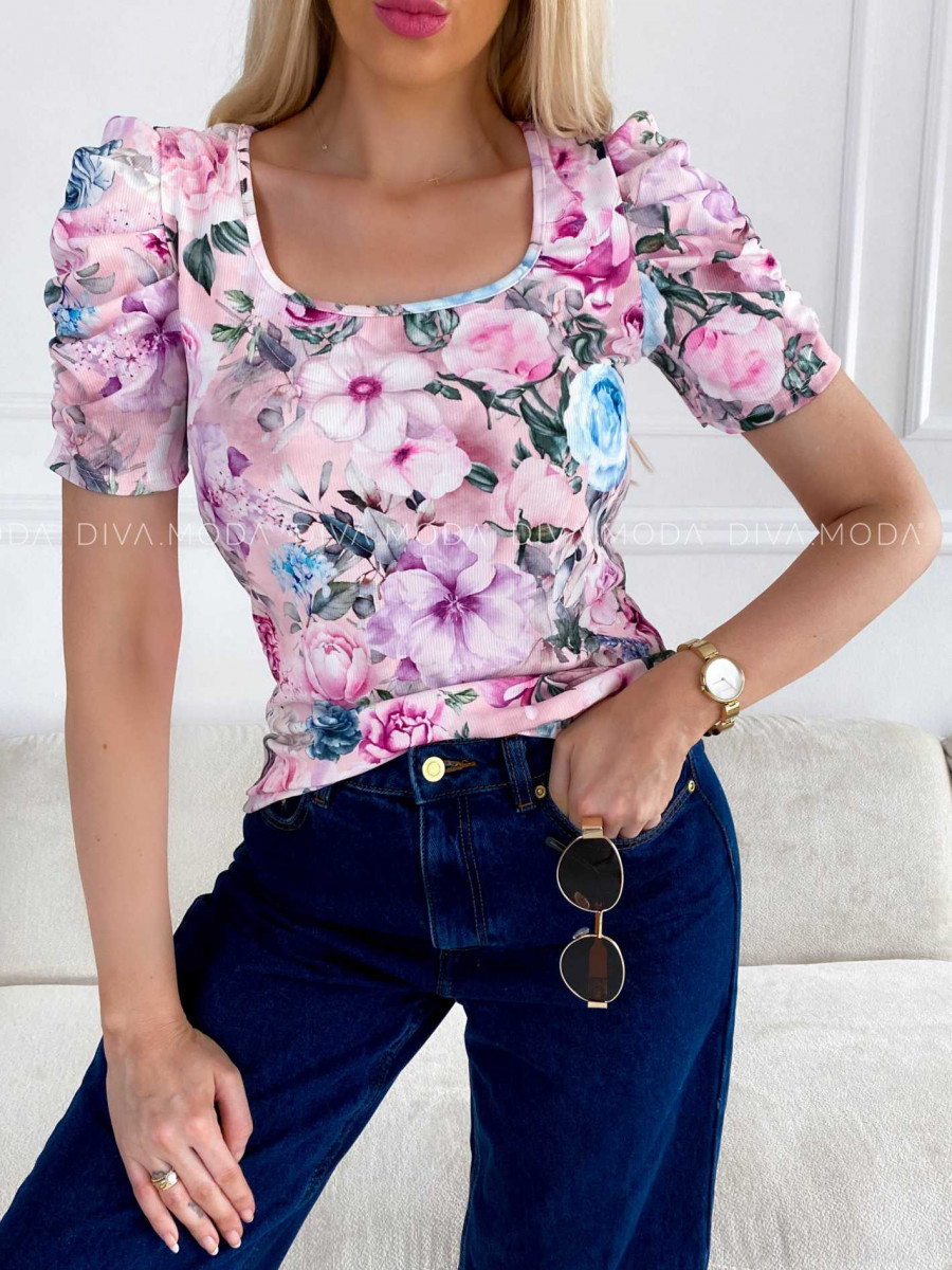 Rebrovaný kvetovaný top s puf rukávmi Mirau baby pink M 321