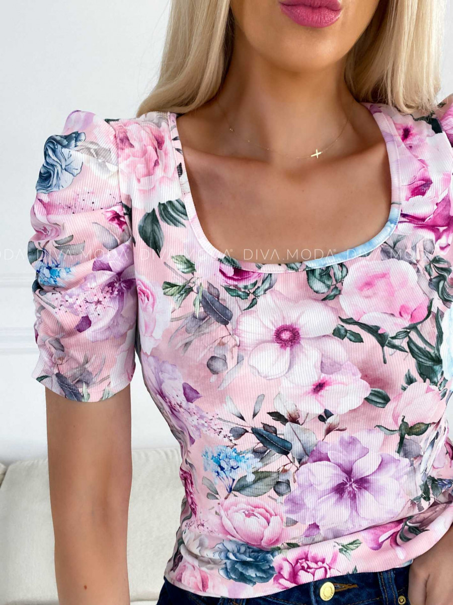 Rebrovaný kvetovaný top s puf rukávmi Mirau baby pink M 321