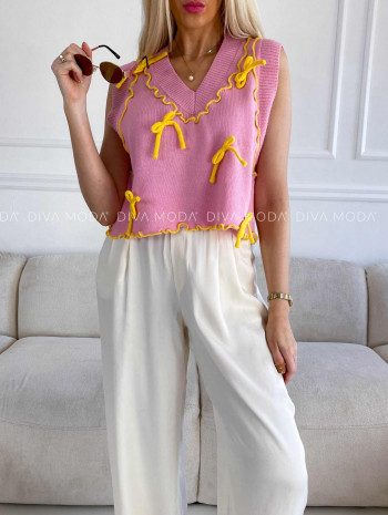 Úpletová vesta s mašličkami ružová M 331