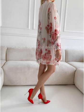 Ľahké kvetované šaty s plisom a kvetmi Mia smotanové M 344