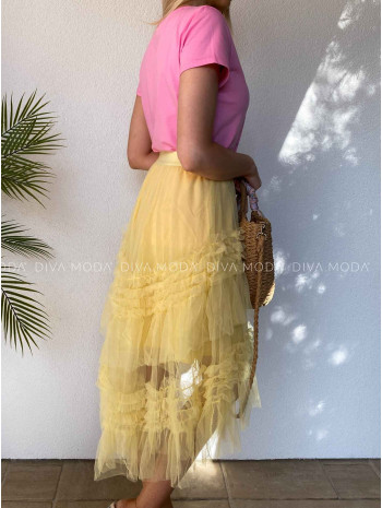 Midi riasená asymetrická tylová sukňa žltá M 444