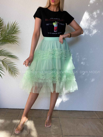Midi riasená asymetrická tylová sukňa pistáciová M 444