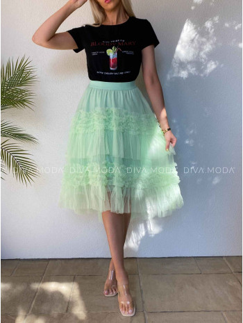 Midi riasená asymetrická tylová sukňa pistáciová M 444