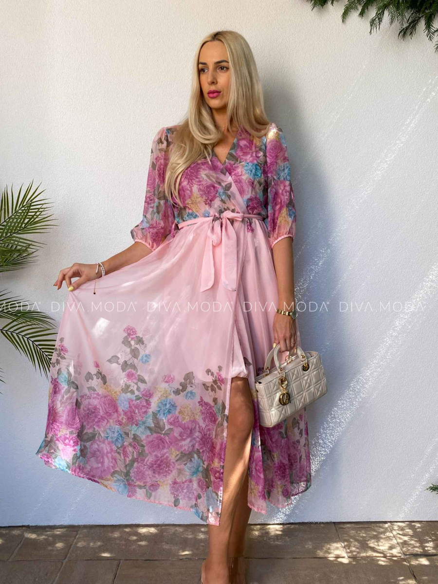 Ľahké maxi šaty roses s opaskom ružové M 450 Ľahké maxi šaty roses s opaskom ružové M 450