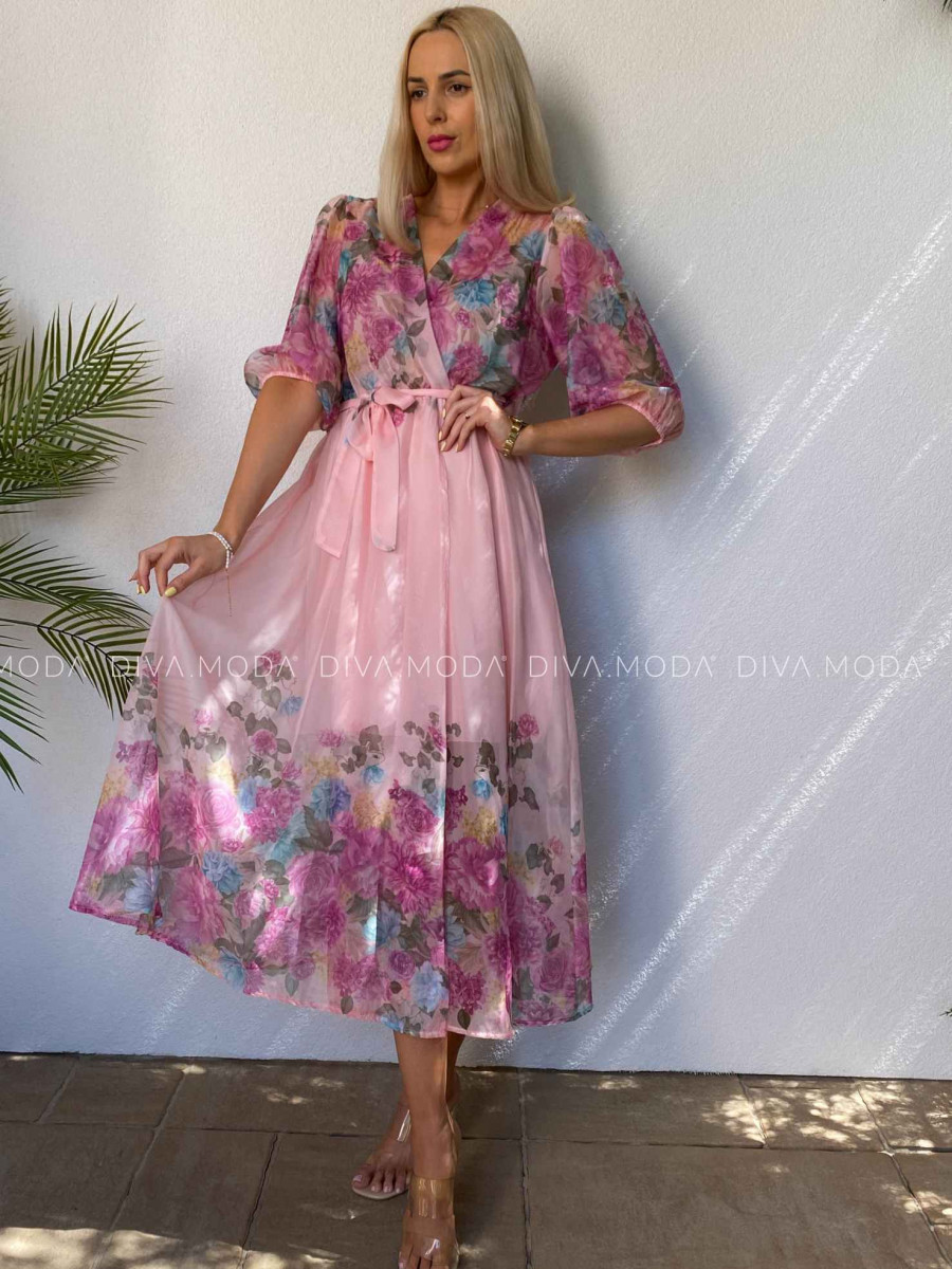 Ľahké maxi šaty roses s opaskom ružové M 450 Ľahké maxi šaty roses s opaskom ružové M 450