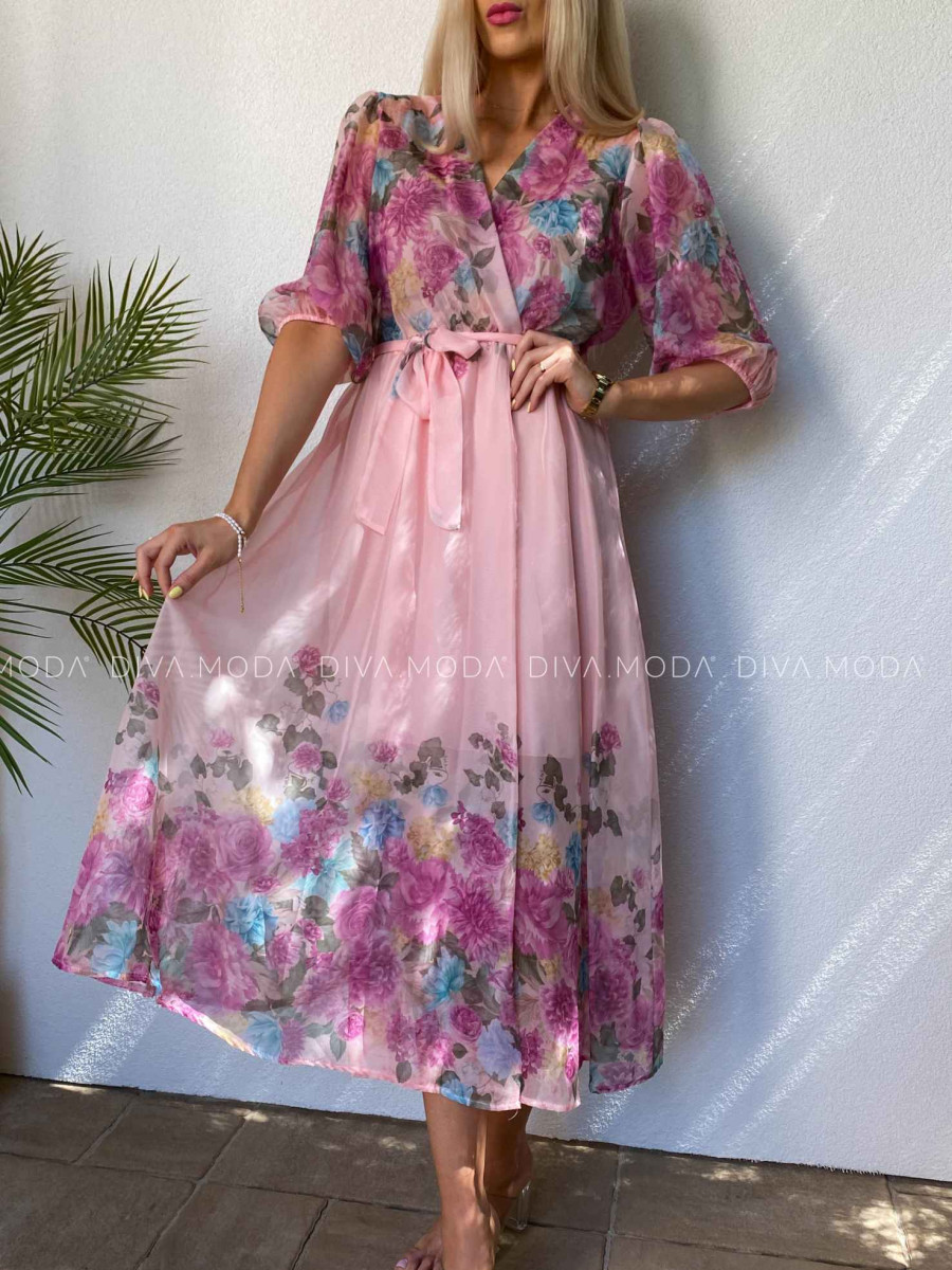 Ľahké maxi šaty roses s opaskom ružové M 450 Ľahké maxi šaty roses s opaskom ružové M 450