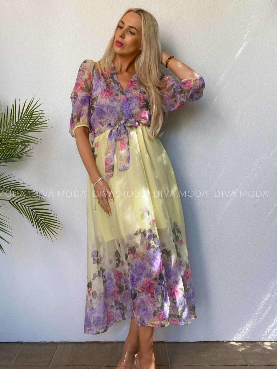 Ľahké maxi šaty roses s opaskom žlté M 450