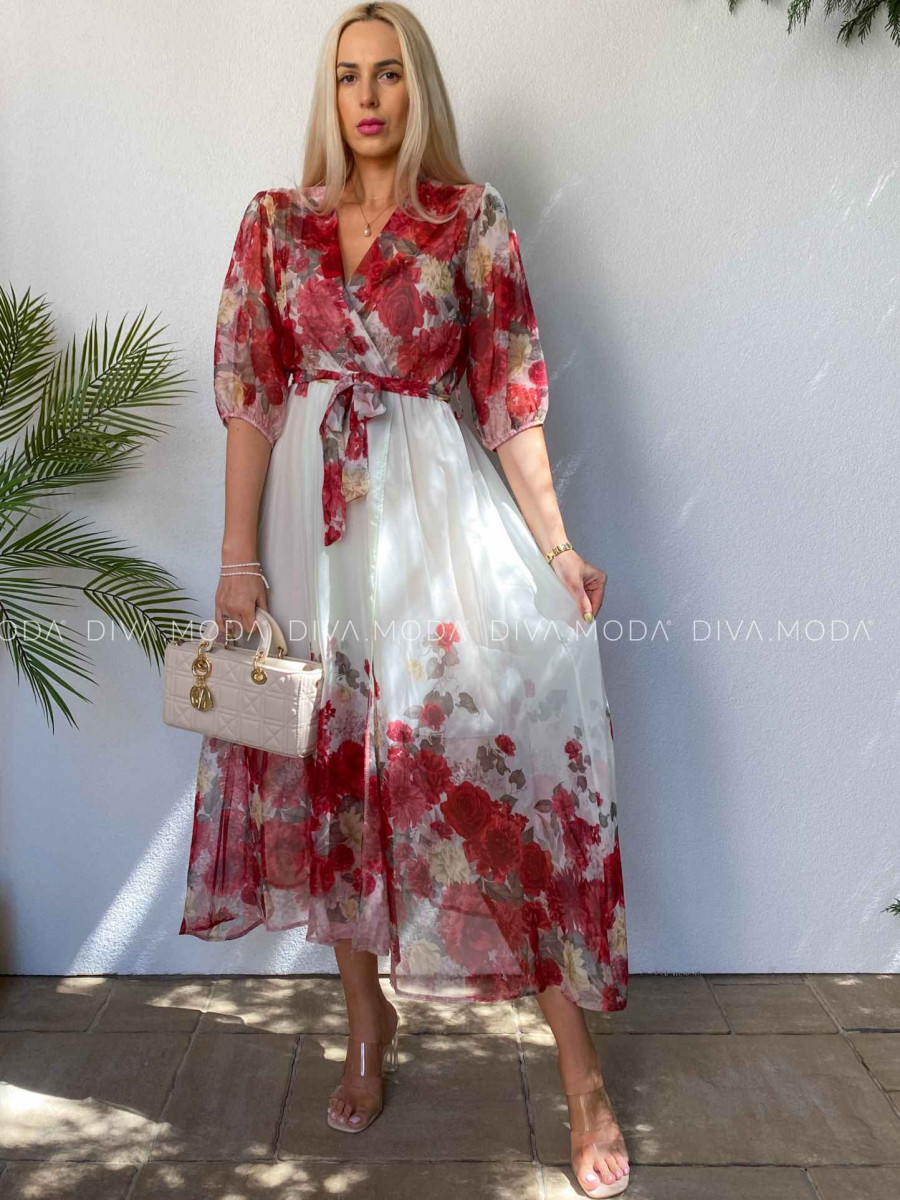Ľahké maxi šaty roses s opaskom červené M 450