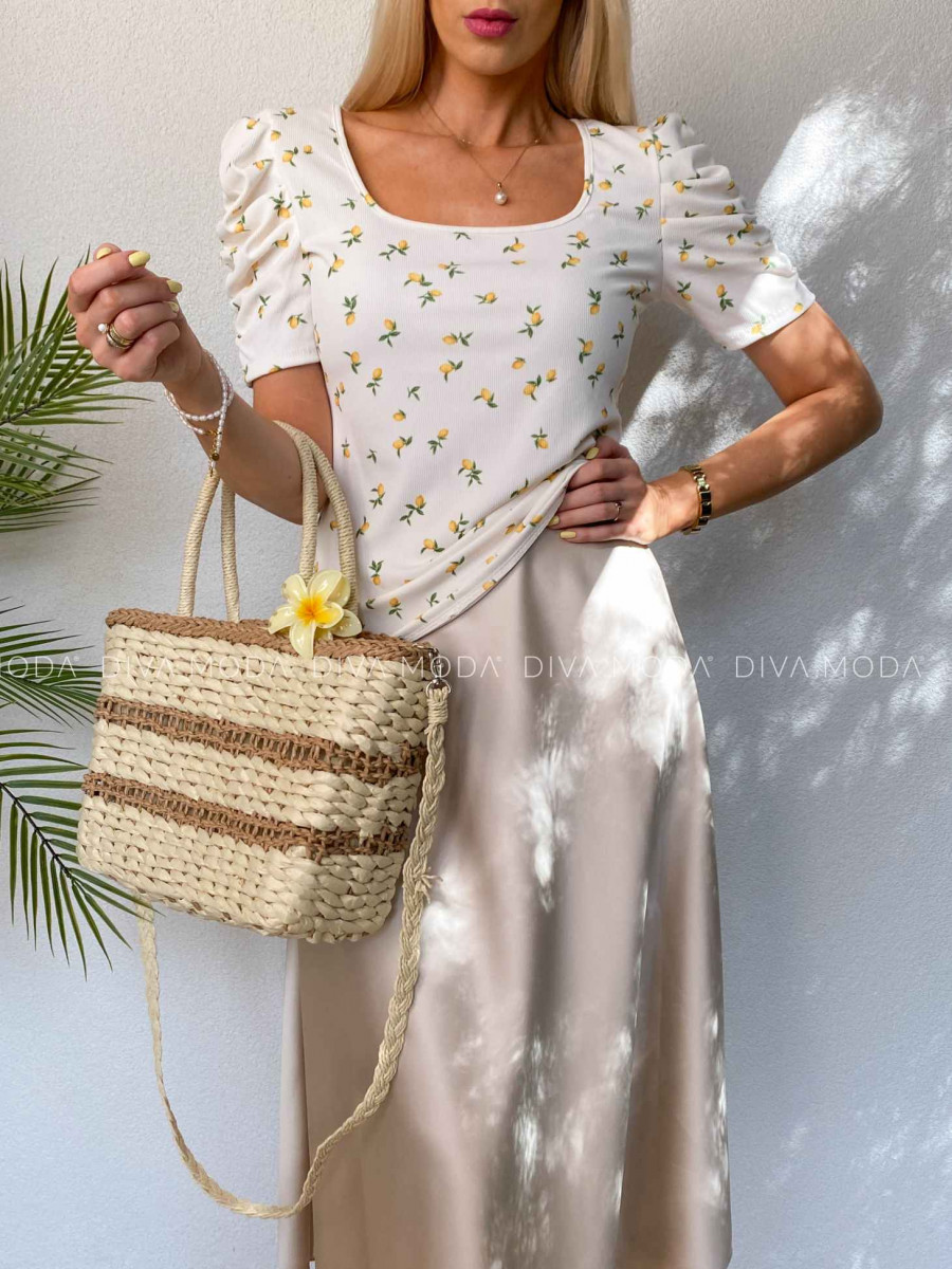 Rebrovaný top s puf rukávmi Mirau malé citróniky biely M 455