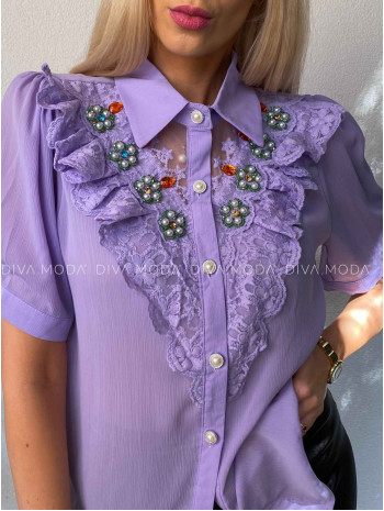 Blúzka s kamienkovými kvetmi fialová M 439
