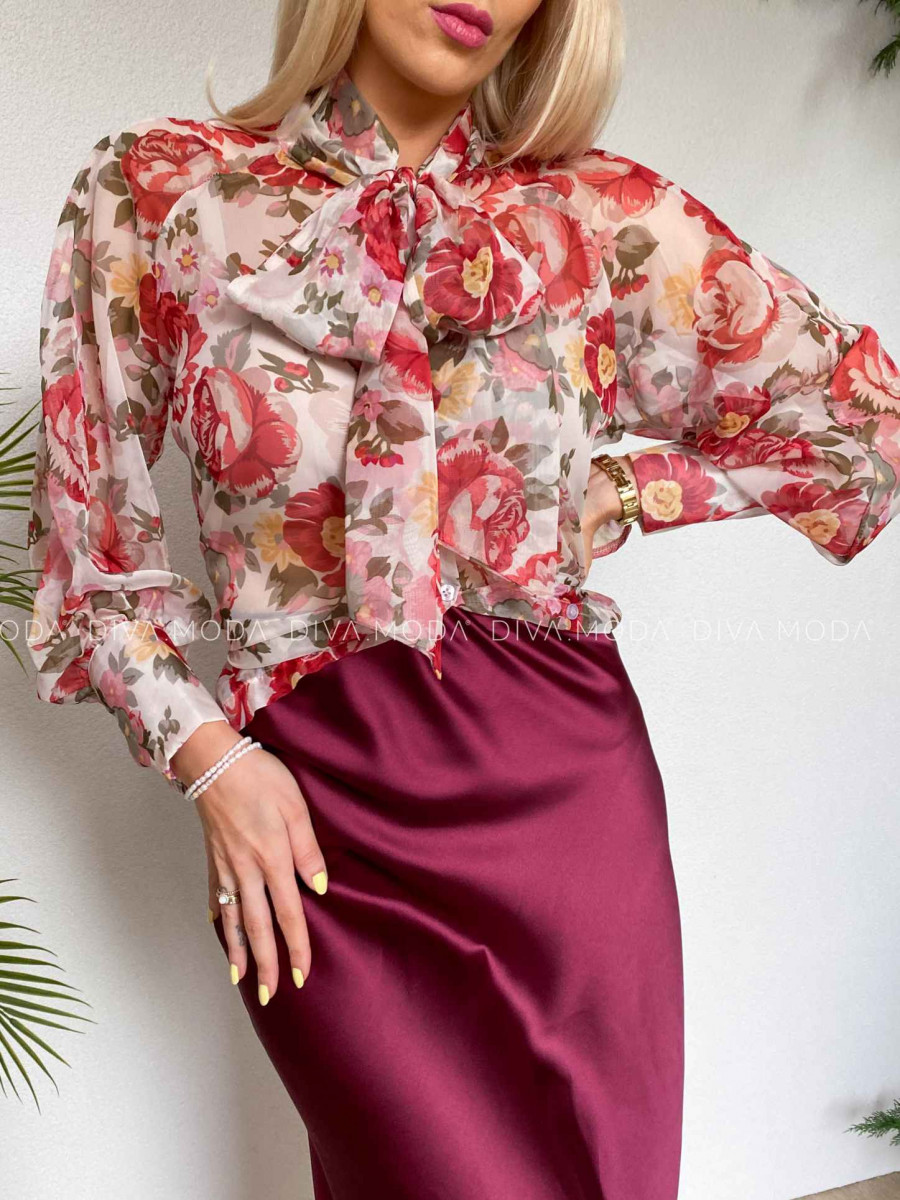 Ľahká kvetinová blúzka peonie červeno-biela M 468