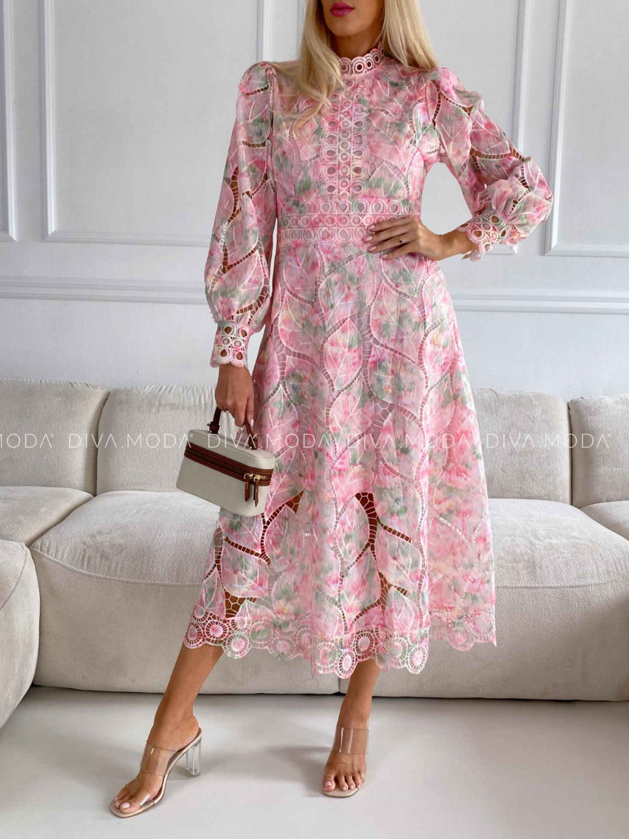 Háčkované maxi šaty Poline nature rosé M 507
