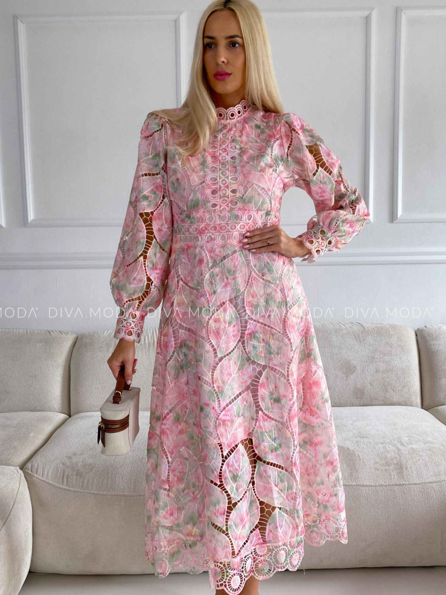 Háčkované maxi šaty Poline nature rosé M 507