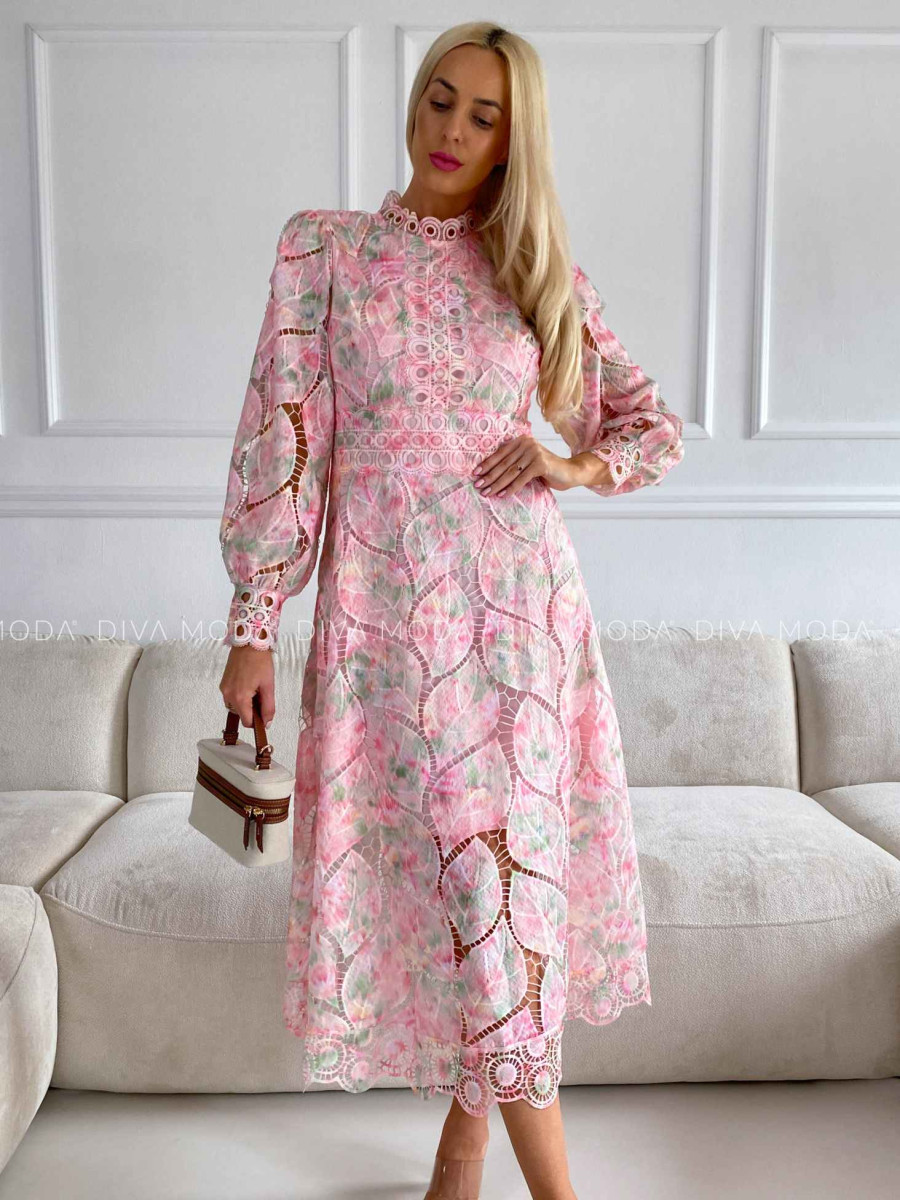 Háčkované maxi šaty Poline nature rosé M 507
