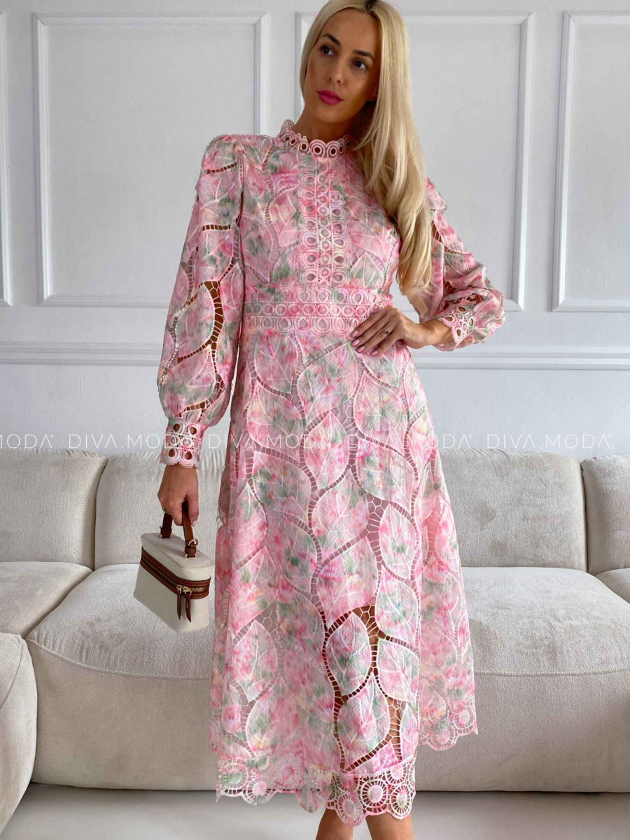 Háčkované maxi šaty Poline nature rosé M 507