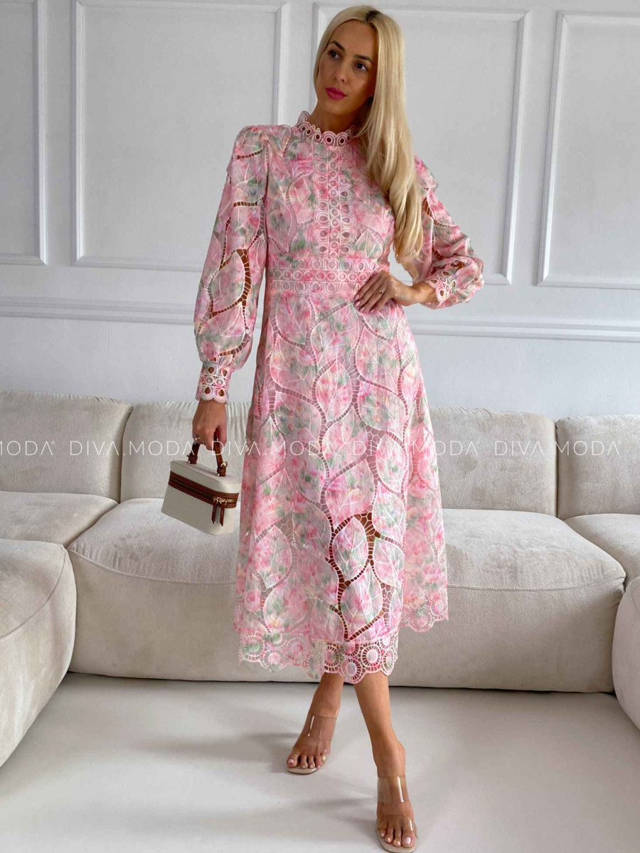 Háčkované maxi šaty Poline nature rosé M 507