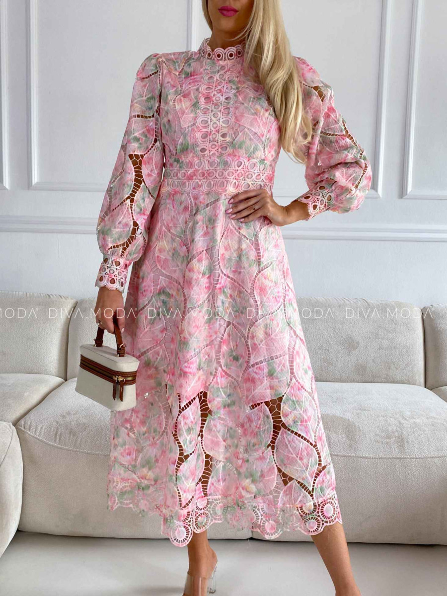 Háčkované maxi šaty Poline nature rosé M 507