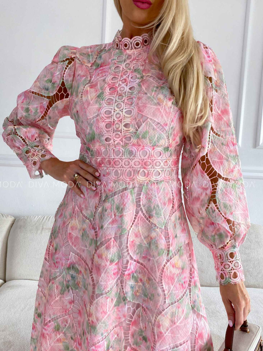 Háčkované maxi šaty Poline nature rosé M 507