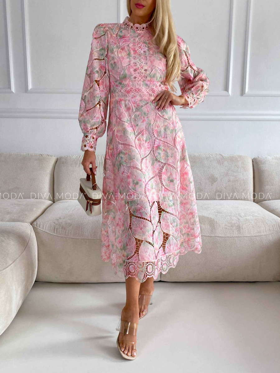 Háčkované maxi šaty Poline nature rosé M 507