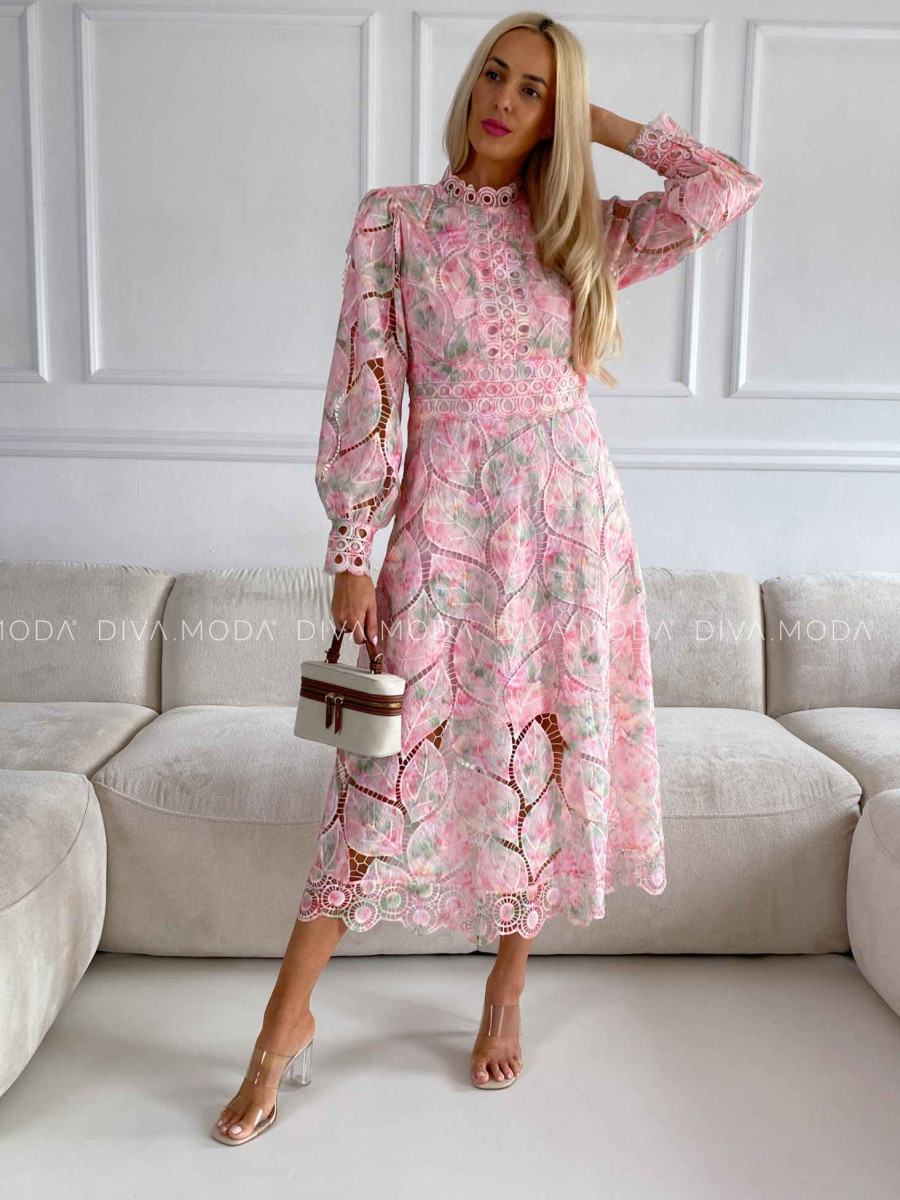 Háčkované maxi šaty Poline nature rosé M 507