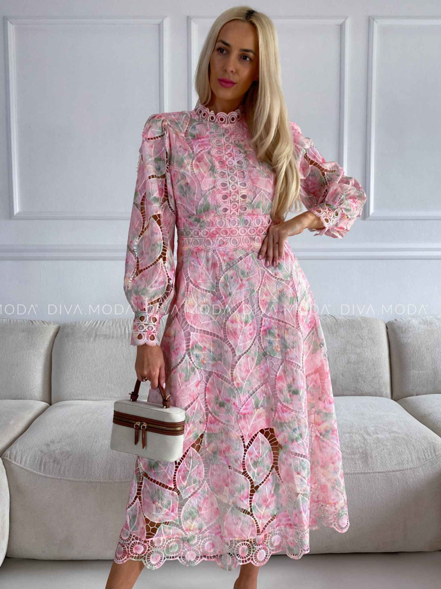 Háčkované maxi šaty Poline nature rosé M 507