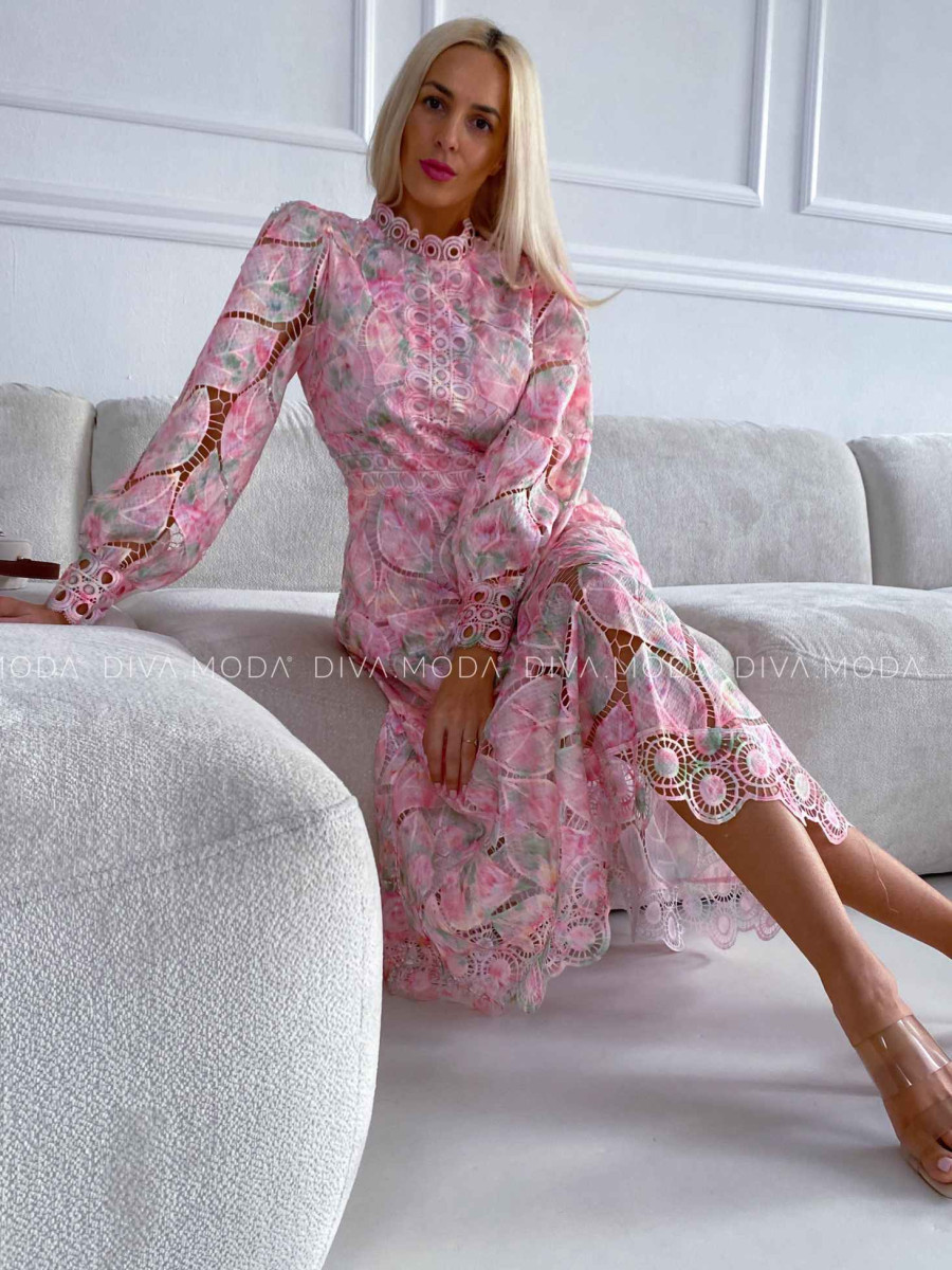 Háčkované maxi šaty Poline nature rosé M 507