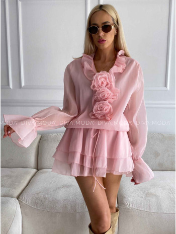 Šifónové mini šaty s ružami rosé M 505