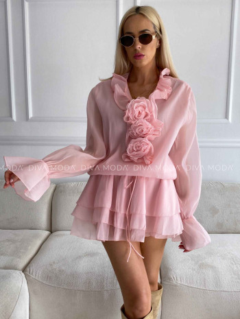 Šifónové mini šaty s ružami rosé M 505