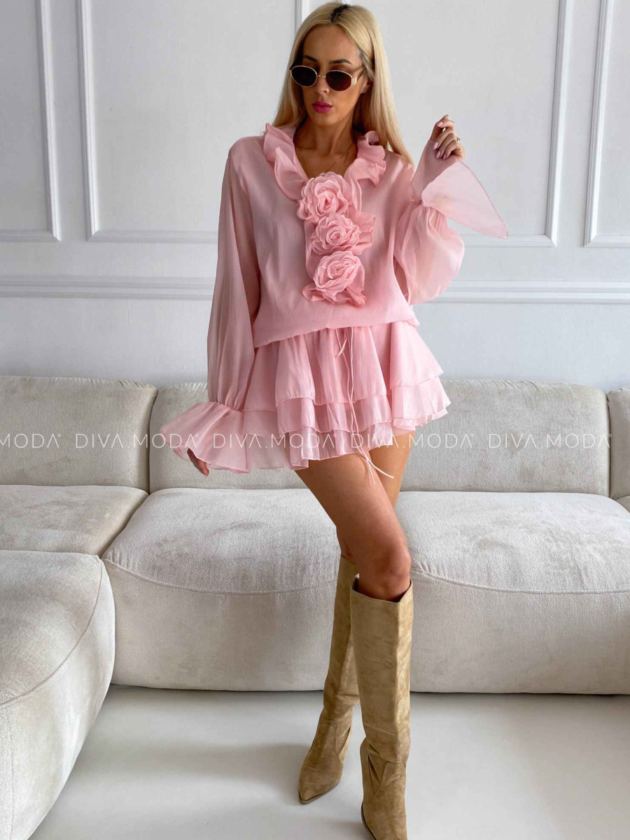 Šifónové mini šaty s ružami rosé M 505