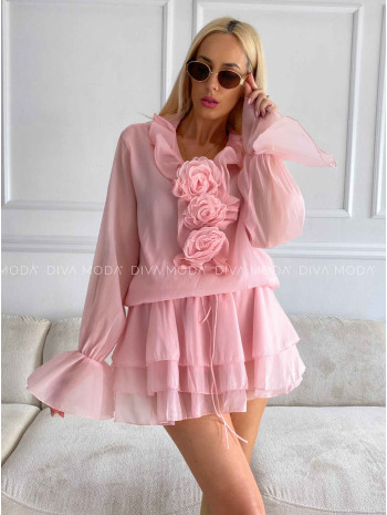 Šifónové mini šaty s ružami rosé M 505