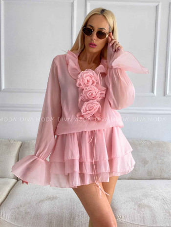 Šifónové mini šaty s ružami rosé M 505