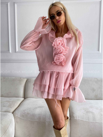 Šifónové mini šaty s ružami rosé M 505