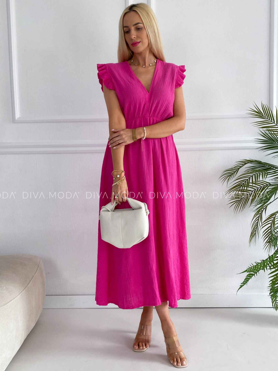 Midi mušelínové šaty s volánikmi na ramenách Zoe fuchsia K 337 