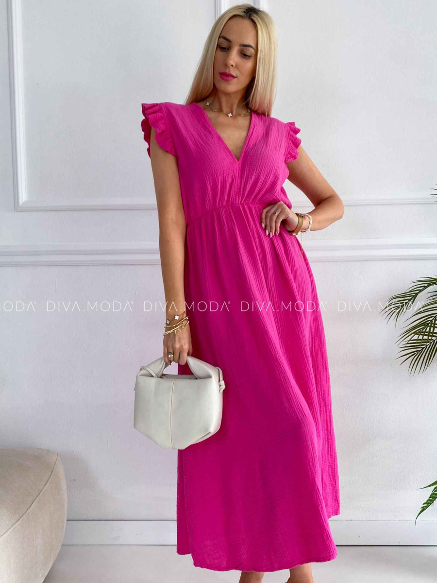 Midi mušelínové šaty s volánikmi na ramenách Zoe fuchsia K 337 