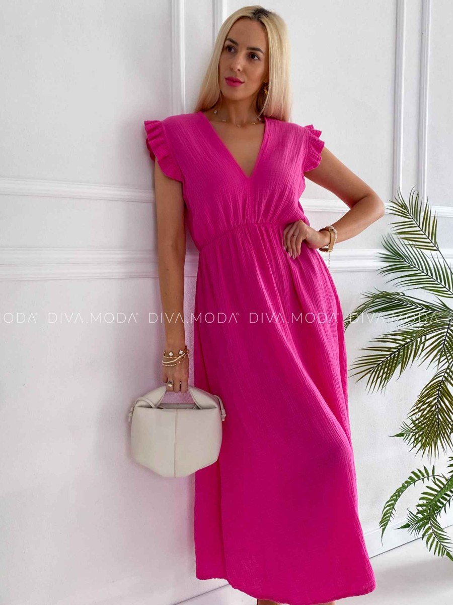 Midi mušelínové šaty s volánikmi na ramenách Zoe fuchsia K 337 