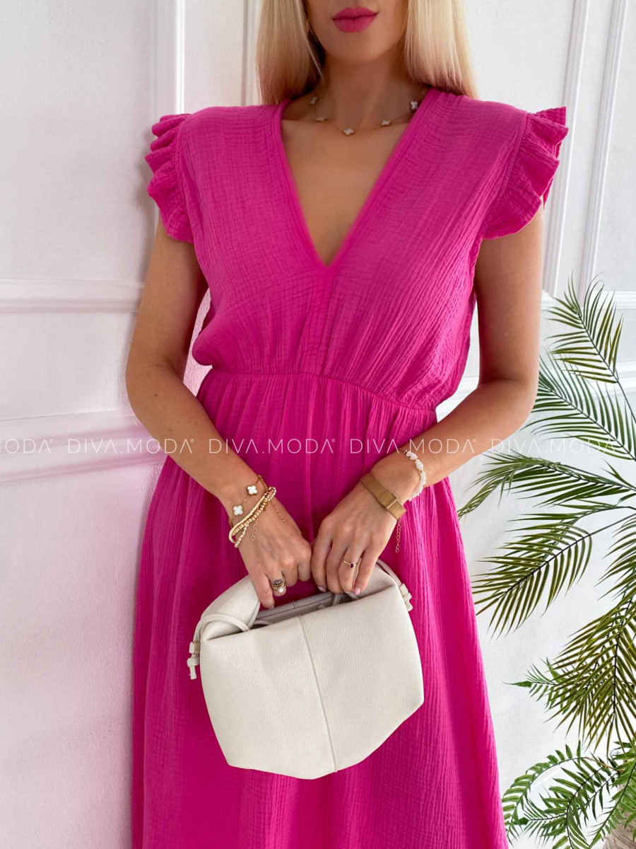 Midi mušelínové šaty s volánikmi na ramenách Zoe fuchsia K 337 