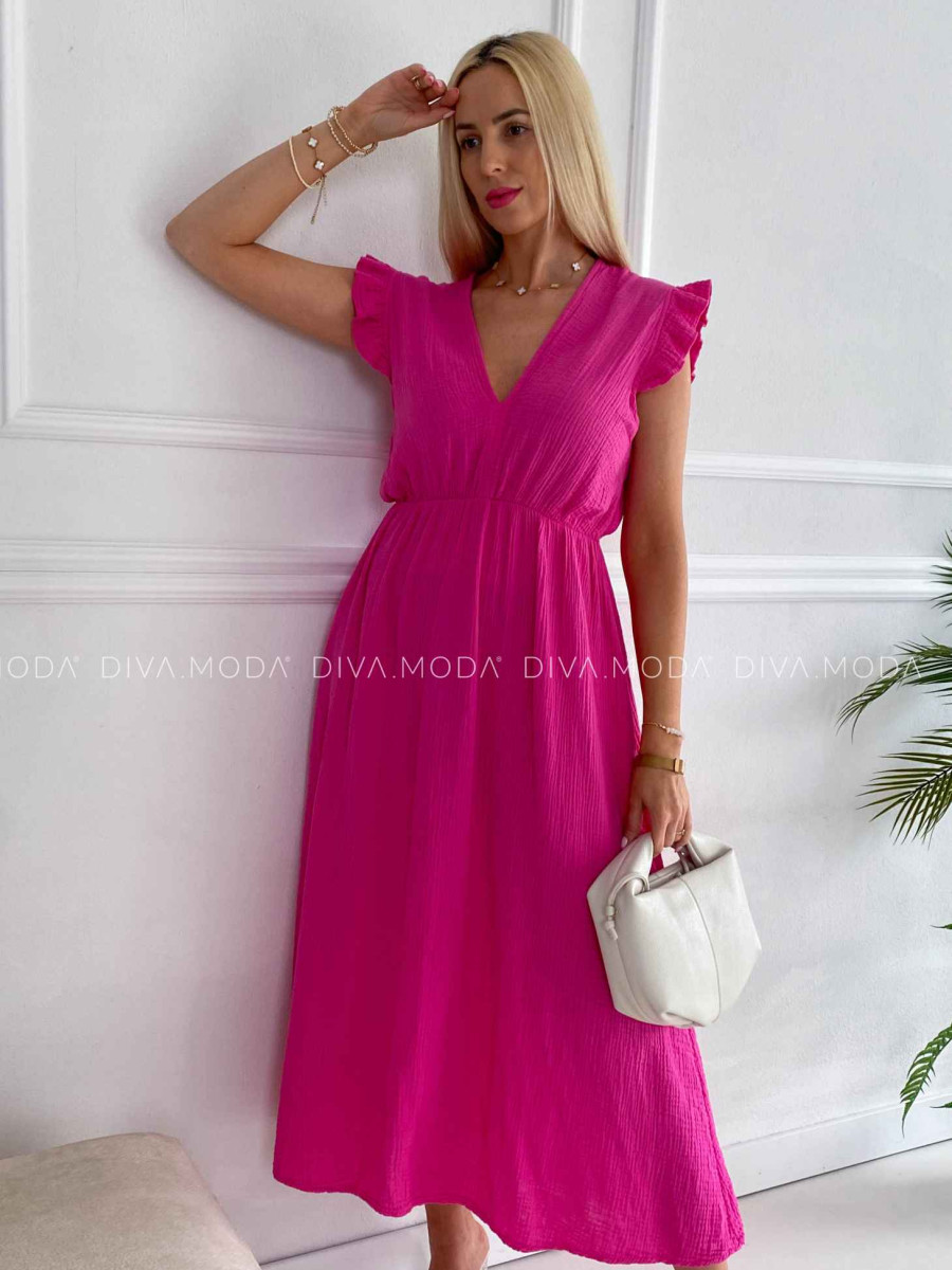 Midi mušelínové šaty s volánikmi na ramenách Zoe fuchsia K 337 