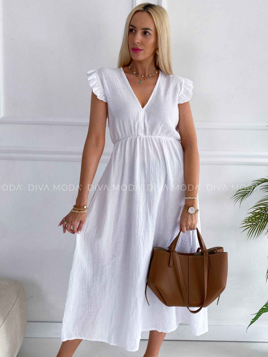 Midi mušelínové šaty s volánikmi na ramenách Zoe biele K 337 