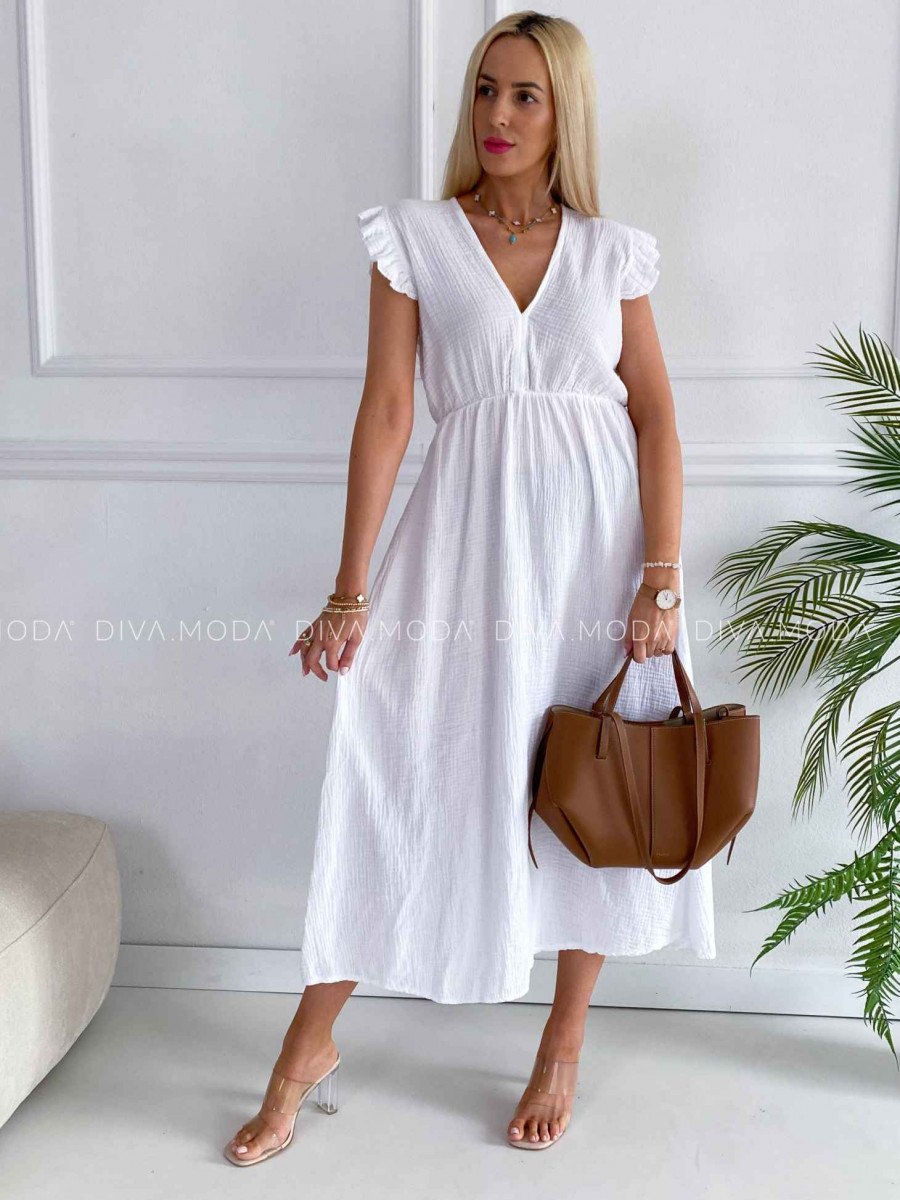 Midi mušelínové šaty s volánikmi na ramenách Zoe biele K 337 