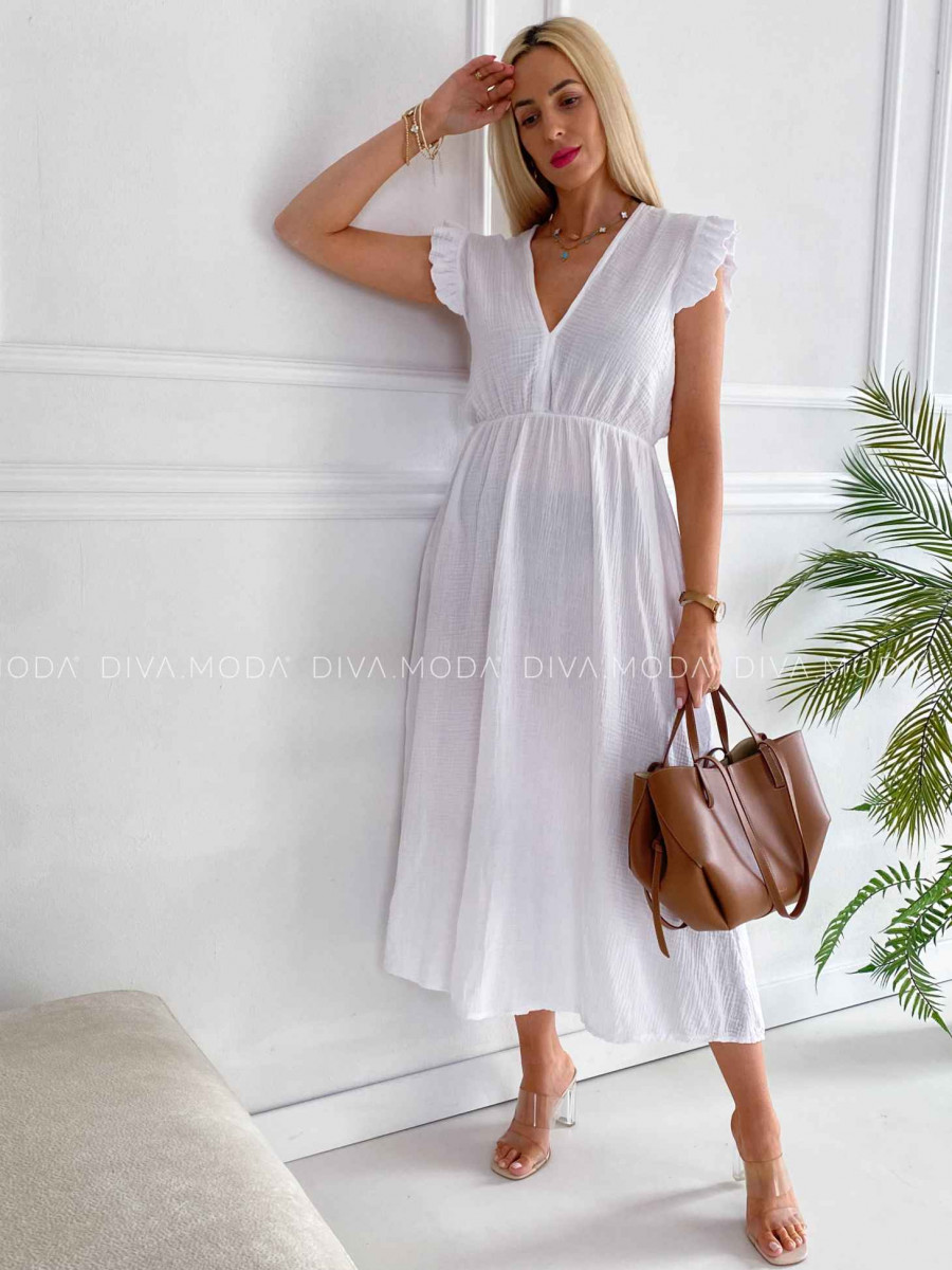 Midi mušelínové šaty s volánikmi na ramenách Zoe biele K 337 