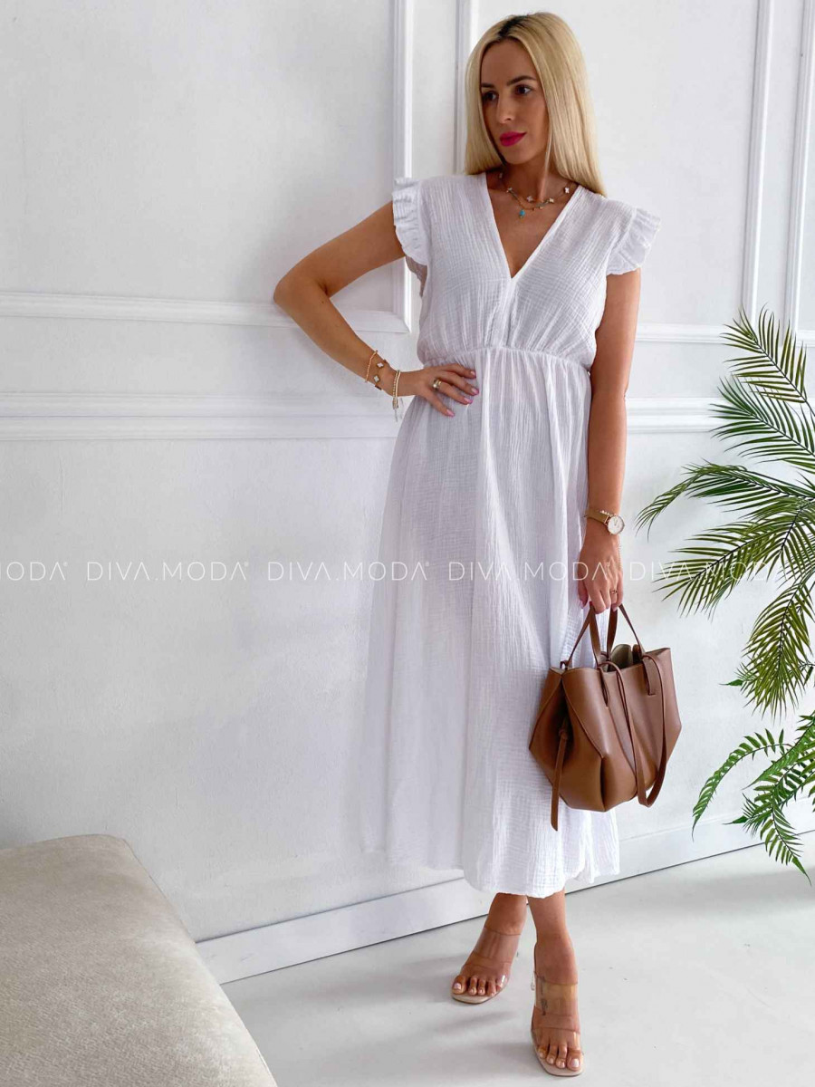 Midi mušelínové šaty s volánikmi na ramenách Zoe biele K 337 