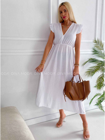 Midi mušelínové šaty s volánikmi na ramenách Zoe biele K 337 