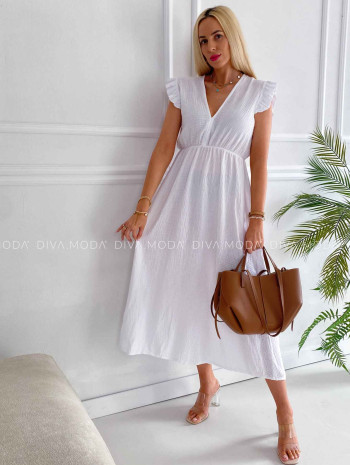 Midi mušelínové šaty s volánikmi na ramenách Zoe biele K 337 